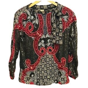 Vintage Sistermax Silk Sequin Embroidered Top Black Red Boho Festive Party